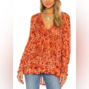 Free People FP Womens Dark Romantic Tunic Long Sleeve Shirt Orange Merlot Combo